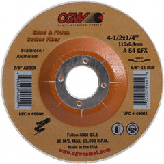 Camel Grinding Wheels - 54 Grit, 4-1/2" Wheel Diam, 1/4" Wheel Thickness, 7/8" Arbor Hole, Type 27 Depressed Center Wheel - Medium Grade, Aluminum Oxide, 13,300 Max RPM - Exact Tooling