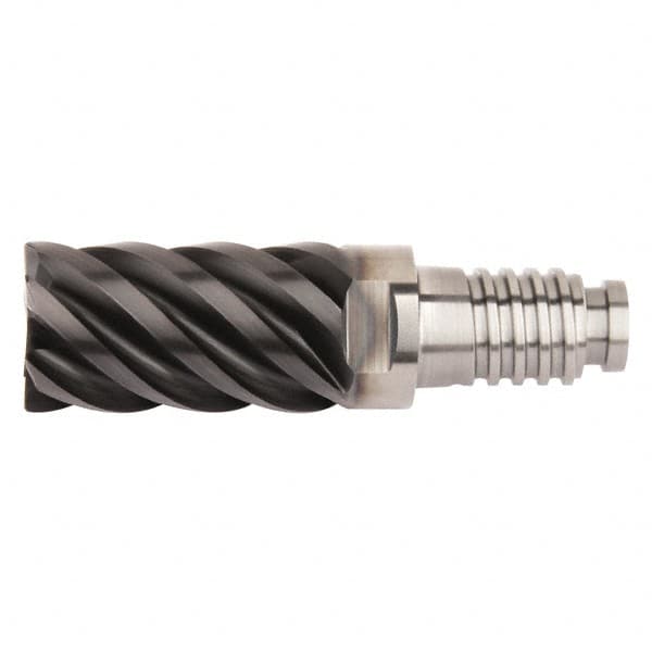 Kennametal - 25mm Diam, 37.5mm LOC, 6 Flute, 0.75mm Corner Radius End Mill Head - Solid Carbide, AlTiN Finish, Duo-Lock 25 Connection, Spiral Flute, 45° Helix, Centercutting - Exact Tooling