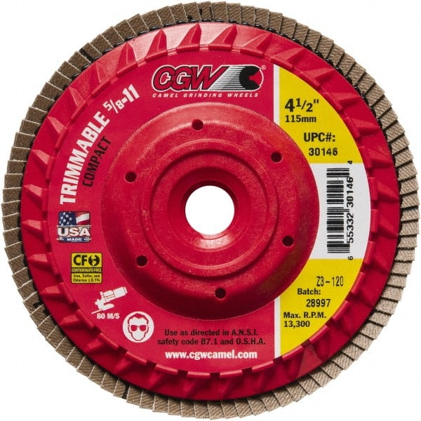 Camel Grinding Wheels - 120 Grit, 4-1/2" Disc Diam, 5/8-11 Center Hole, Compact Zirconia Alumina Flap Disc - 13,300 Max RPM, Poly Cotton Backing, Arbor Attaching System, Coated - Exact Tooling