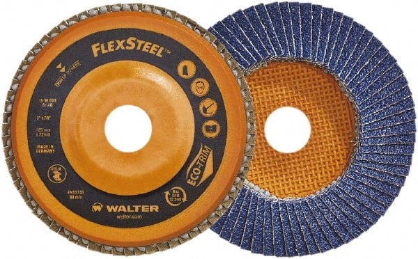 WALTER Surface Technologies - 120 Grit, 5" Disc Diam, 7/8" Center Hole, Type 27 Zirconia Alumina Flap Disc - 12,200 Max RPM, Wood Fiber Backing, Arbor Attaching System, Coated - Exact Tooling