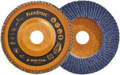 WALTER Surface Technologies - 120 Grit, 5" Disc Diam, 7/8" Center Hole, Type 27 Zirconia Alumina Flap Disc - 12,200 Max RPM, Wood Fiber Backing, Arbor Attaching System, Coated - Exact Tooling