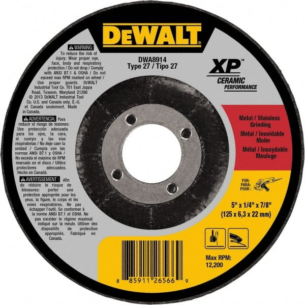 DeWALT - 5" Wheel Diam, 1/4" Wheel Thickness, 7/8" Arbor Hole, Type 27 Depressed Center Wheel - Medium Grade, Ceramic, 12,200 Max RPM - Exact Tooling