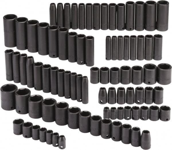 Proto - 86 Piece 3/8" & 1/2" Drive Black Finish Deep Well Impact Socket Set - 6 Points, 5/16" to 1-1/4" (9mm to 27mm) Range, Inch/Metric Measurement Standard - Exact Tooling