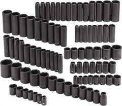 Proto - 86 Piece 3/8" & 1/2" Drive Black Finish Deep Well Impact Socket Set - 6 Points, 5/16" to 1-1/4" (9mm to 27mm) Range, Inch/Metric Measurement Standard - Exact Tooling