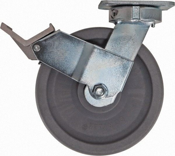 Caster Connection - 8" Diam x 2" Wide x 9-1/2" OAH Top Plate Mount Swivel Caster with Brake - Nylon, 2,000 Lb Capacity, Sealed Precision Ball Bearing, 4 x 4-1/2" Plate - Exact Tooling