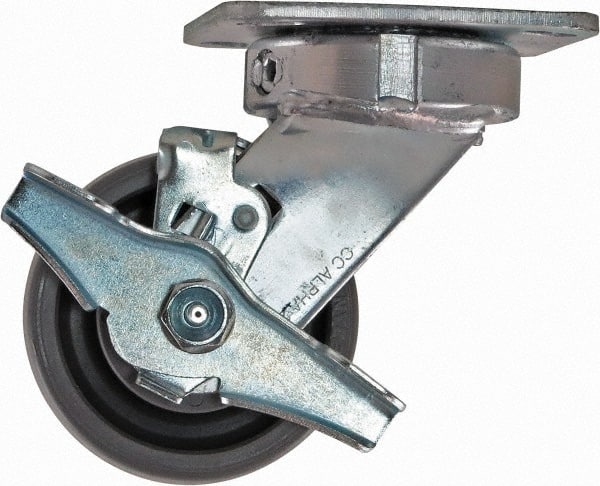 Caster Connection - 4" Diam x 2" Wide x 5-5/8" OAH Top Plate Mount Swivel Caster with Brake - Nylon, 1,000 Lb Capacity, Sealed Precision Ball Bearing, 4 x 4-1/2" Plate - Exact Tooling