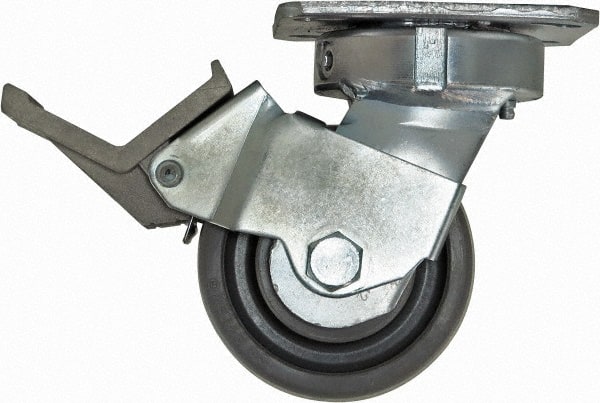 Caster Connection - 4" Diam x 2" Wide x 5-5/8" OAH Top Plate Mount Swivel Caster with Brake - Nylon, 1,000 Lb Capacity, Sealed Precision Ball Bearing, 4 x 4-1/2" Plate - Exact Tooling