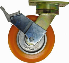 Caster Connection - 8" Diam x 2" Wide x 10-1/8" OAH Top Plate Mount Swivel Caster with Brake - Polyurethane, 1,200 Lb Capacity, Sealed Precision Ball Bearing, 4-1/2 x 6-1/4" Plate - Exact Tooling