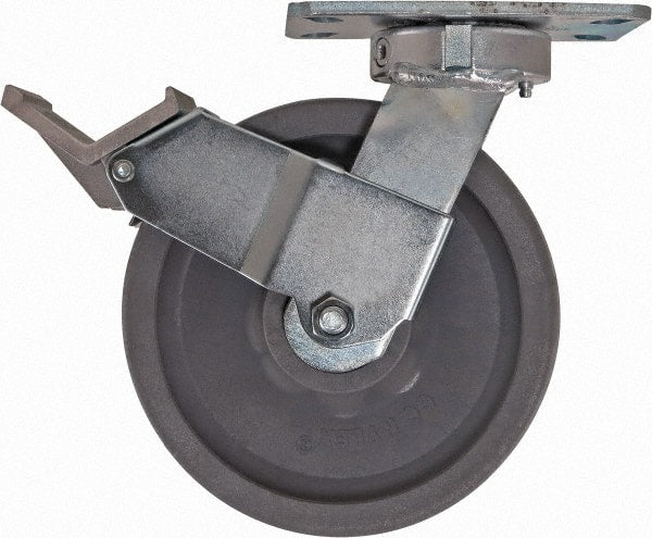 Caster Connection - 8" Diam x 2" Wide x 9-1/2" OAH Top Plate Mount Swivel Caster with Brake - Nylon, 2,000 Lb Capacity, Sealed Precision Ball Bearing, 4-1/2 x 6-1/4" Plate - Exact Tooling