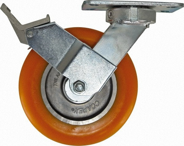 Caster Connection - 8" Diam x 2" Wide x 9-1/2" OAH Top Plate Mount Swivel Caster with Brake - Polyurethane, 1,200 Lb Capacity, Sealed Precision Ball Bearing, 4-1/2 x 6-1/4" Plate - Exact Tooling