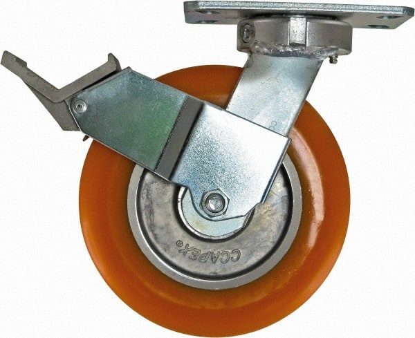 Caster Connection - 8" Diam x 2" Wide x 9-1/2" OAH Top Plate Mount Swivel Caster with Brake - Polyurethane, 1,200 Lb Capacity, Sealed Precision Ball Bearing, 4-1/2 x 6-1/4" Plate - Exact Tooling