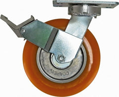 Caster Connection - 8" Diam x 2" Wide x 9-1/2" OAH Top Plate Mount Swivel Caster with Brake - Polyurethane, 1,200 Lb Capacity, Sealed Precision Ball Bearing, 4-1/2 x 6-1/4" Plate - Exact Tooling