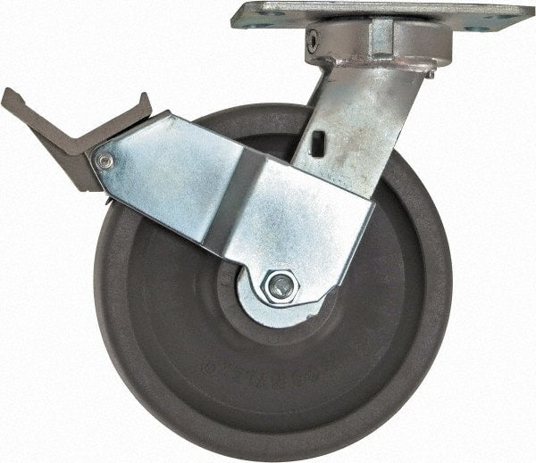 Caster Connection - 8" Diam x 2" Wide x 10-1/8" OAH Top Plate Mount Swivel Caster with Brake - Nylon, 2,000 Lb Capacity, Sealed Precision Ball Bearing, 4-1/2 x 6-1/4" Plate - Exact Tooling