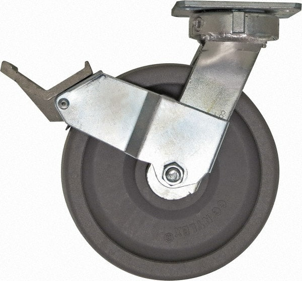 Caster Connection - 8" Diam x 2" Wide x 10-1/8" OAH Top Plate Mount Swivel Caster with Brake - Nylon, 2,000 Lb Capacity, Sealed Precision Ball Bearing, 4 x 4-1/2" Plate - Exact Tooling