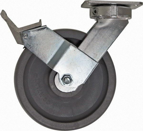 Caster Connection - 8" Diam x 2" Wide x 10-1/8" OAH Top Plate Mount Swivel Caster with Brake - Nylon, 2,000 Lb Capacity, Sealed Precision Ball Bearing, 4 x 4-1/2" Plate - Exact Tooling