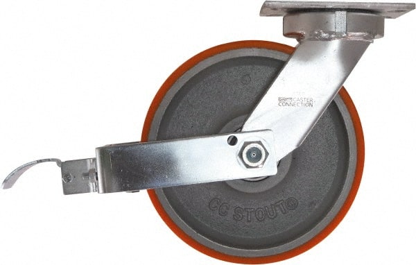 Caster Connection - 10" Diam x 3" Wide x 11-1/2" OAH Top Plate Mount Swivel Caster with Brake - Polyurethane, 2,750 Lb Capacity, Sealed Precision Ball Bearing, 4-1/2 x 6-1/4" Plate - Exact Tooling