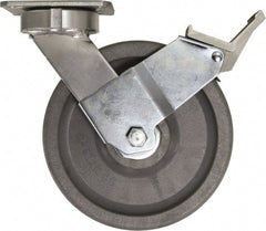 Caster Connection - 8" Diam x 2" Wide x 9-1/2" OAH Top Plate Mount Swivel Caster with Brake - Nylon, 2,000 Lb Capacity, Sealed Precision Ball Bearing, 4 x 4-1/2" Plate - Exact Tooling
