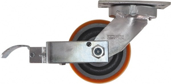 Caster Connection - 6" Diam x 3" Wide x 7-1/2" OAH Top Plate Mount Swivel Caster with Brake - Polyurethane, 2,300 Lb Capacity, Sealed Precision Ball Bearing, 4-1/2 x 6-1/4" Plate - Exact Tooling