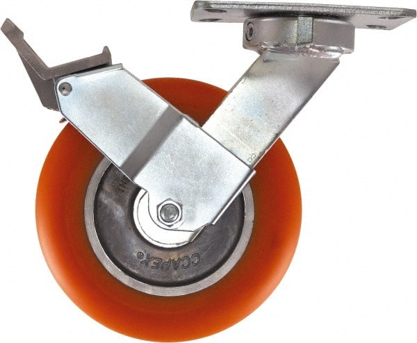 Caster Connection - 8" Diam x 2" Wide x 10-1/8" OAH Top Plate Mount Swivel Caster with Brake - Polyurethane, 1,200 Lb Capacity, Sealed Precision Ball Bearing, 4-1/2 x 6-1/4" Plate - Exact Tooling