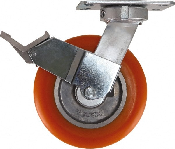 Caster Connection - 8" Diam x 2" Wide x 10-1/8" OAH Top Plate Mount Swivel Caster with Brake - Polyurethane, 1,200 Lb Capacity, Sealed Precision Ball Bearing, 4-1/2 x 6-1/4" Plate - Exact Tooling