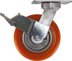 Caster Connection - 8" Diam x 2" Wide x 10-1/8" OAH Top Plate Mount Swivel Caster with Brake - Polyurethane, 1,200 Lb Capacity, Sealed Precision Ball Bearing, 4-1/2 x 6-1/4" Plate - Exact Tooling