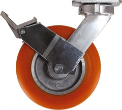 Caster Connection - 8" Diam x 2" Wide x 10-1/8" OAH Top Plate Mount Swivel Caster with Brake - Polyurethane, 1,200 Lb Capacity, Sealed Precision Ball Bearing, 4 x 4-1/2" Plate - Exact Tooling