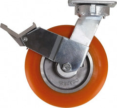 Caster Connection - 8" Diam x 2" Wide x 10-1/8" OAH Top Plate Mount Swivel Caster with Brake - Polyurethane, 1,200 Lb Capacity, Sealed Precision Ball Bearing, 4 x 4-1/2" Plate - Exact Tooling
