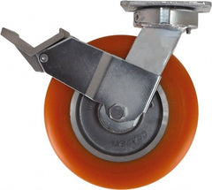 Caster Connection - 8" Diam x 2" Wide x 9-1/2" OAH Top Plate Mount Swivel Caster with Brake - Polyurethane, 1,200 Lb Capacity, Sealed Precision Ball Bearing, 4 x 4-1/2" Plate - Exact Tooling