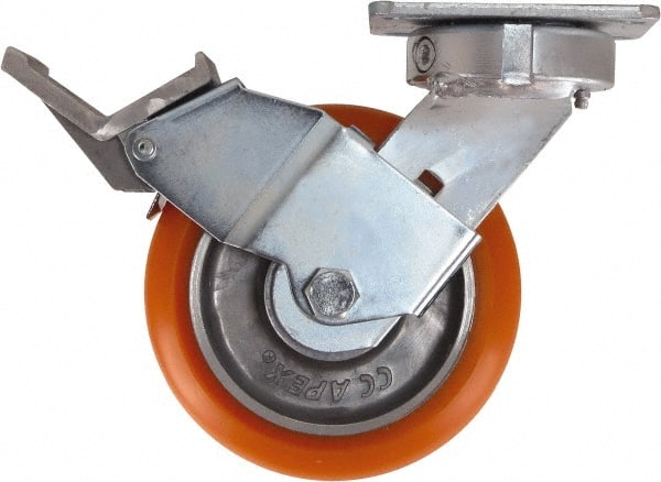 Caster Connection - 6" Diam x 2" Wide x 7-1/2" OAH Top Plate Mount Swivel Caster with Brake - Polyurethane, 1,000 Lb Capacity, Sealed Precision Ball Bearing, 4 x 4-1/2" Plate - Exact Tooling