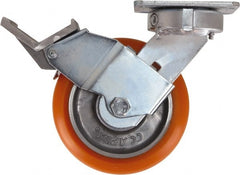 Caster Connection - 6" Diam x 2" Wide x 7-1/2" OAH Top Plate Mount Swivel Caster with Brake - Polyurethane, 1,000 Lb Capacity, Sealed Precision Ball Bearing, 4 x 4-1/2" Plate - Exact Tooling