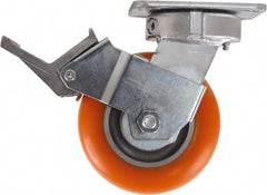 Caster Connection - 5" Diam x 2" Wide x 6-1/2" OAH Top Plate Mount Swivel Caster with Brake - Polyurethane, 750 Lb Capacity, Sealed Precision Ball Bearing, 4 x 4-1/2" Plate - Exact Tooling