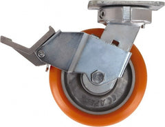Caster Connection - 6" Diam x 2" Wide x 7-1/2" OAH Top Plate Mount Swivel Caster with Brake - Polyurethane, 1,000 Lb Capacity, Sealed Precision Ball Bearing, 4 x 4-1/2" Plate - Exact Tooling