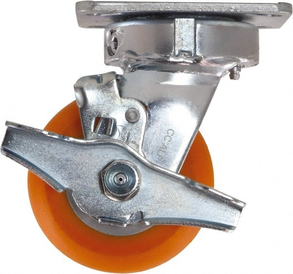 Caster Connection - 4" Diam x 2" Wide x 5-5/8" OAH Top Plate Mount Swivel Caster with Brake - Polyurethane, 700 Lb Capacity, Sealed Precision Ball Bearing, 4 x 4-1/2" Plate - Exact Tooling