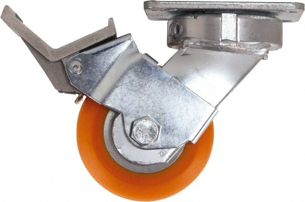 Caster Connection - 4" Diam x 2" Wide x 5-5/8" OAH Top Plate Mount Swivel Caster with Brake - Polyurethane, 700 Lb Capacity, Sealed Precision Ball Bearing, 4 x 4-1/2" Plate - Exact Tooling