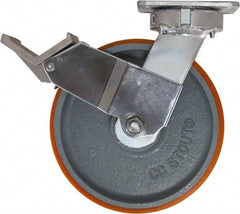 Caster Connection - 8" Diam x 2" Wide x 9-1/2" OAH Top Plate Mount Swivel Caster with Brake - Polyurethane, 1,500 Lb Capacity, Sealed Precision Ball Bearing, 4 x 4-1/2" Plate - Exact Tooling