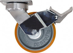 Caster Connection - 6" Diam x 2" Wide x 7-1/2" OAH Top Plate Mount Swivel Caster with Brake - Polyurethane, 1,250 Lb Capacity, Sealed Precision Ball Bearing, 4 x 4-1/2" Plate - Exact Tooling