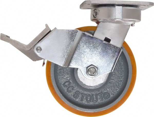 Caster Connection - 6" Diam x 2" Wide x 7-1/2" OAH Top Plate Mount Swivel Caster with Brake - Polyurethane, 1,250 Lb Capacity, Sealed Precision Ball Bearing, 4 x 4-1/2" Plate - Exact Tooling