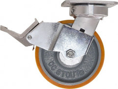 Caster Connection - 6" Diam x 2" Wide x 7-1/2" OAH Top Plate Mount Swivel Caster with Brake - Polyurethane, 1,250 Lb Capacity, Sealed Precision Ball Bearing, 4 x 4-1/2" Plate - Exact Tooling