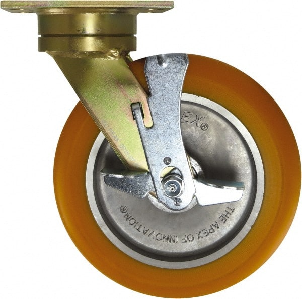 Caster Connection - 10" Diam x 2" Wide x 12" OAH Top Plate Mount Swivel Caster with Brake - Polyurethane, 1,500 Lb Capacity, Sealed Precision Ball Bearing, 4-1/2 x 6-1/4" Plate - Exact Tooling