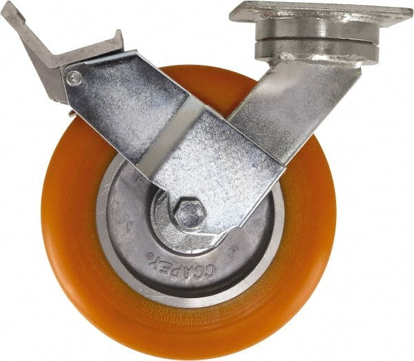 Caster Connection - 8" Diam x 2" Wide x 9-1/2" OAH Top Plate Mount Swivel Caster with Brake - Polyurethane, 1,200 Lb Capacity, Sealed Precision Ball Bearing, 4 x 4-1/2" Plate - Exact Tooling