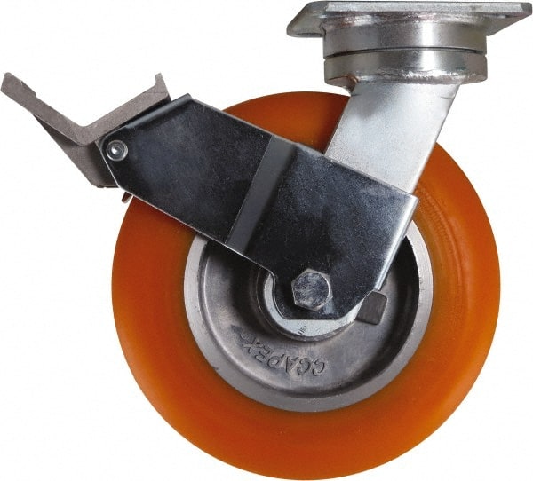 Caster Connection - 8" Diam x 2" Wide x 9-1/2" OAH Top Plate Mount Swivel Caster with Brake - Polyurethane, 1,200 Lb Capacity, Sealed Precision Ball Bearing, 4 x 4-1/2" Plate - Exact Tooling