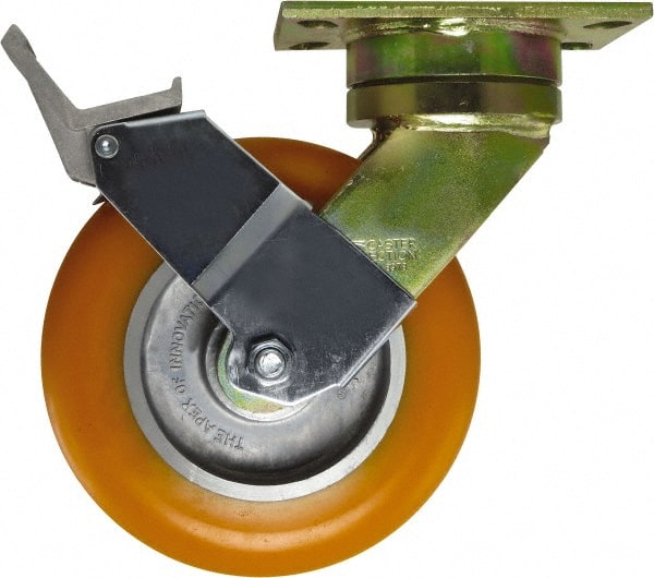 Caster Connection - 8" Diam x 1-1/4" Wide x 10-1/8" OAH Top Plate Mount Swivel Caster with Brake - Polyurethane, 1,200 Lb Capacity, Sealed Precision Ball Bearing, 4-1/2 x 6-1/4" Plate - Exact Tooling