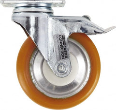 Caster Connection - 5" Diam x 1-1/4" Wide x 6-1/4" OAH Top Plate Mount Swivel Caster with Brake - Polyurethane, 450 Lb Capacity, Sealed Precision Ball Bearing, 2-3/8 x 3-5/8" Plate - Exact Tooling