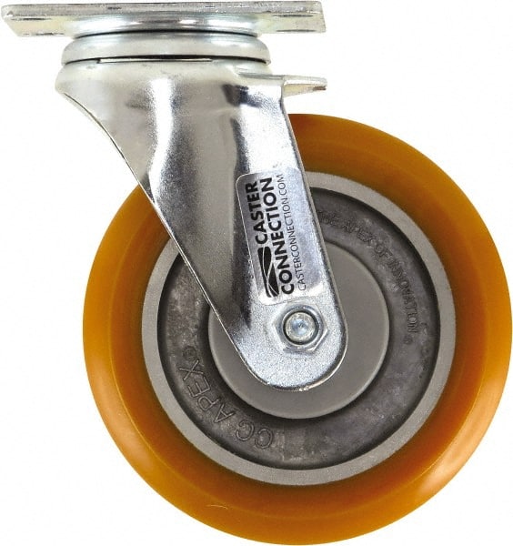 Caster Connection - 5" Diam x 1-1/4" Wide x 6-1/4" OAH Top Plate Mount Swivel Caster - Polyurethane, 450 Lb Capacity, Sealed Precision Ball Bearing, 2-3/8 x 3-5/8" Plate - Exact Tooling