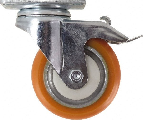 Caster Connection - 4" Diam x 1-1/4" Wide x 5-1/8" OAH Top Plate Mount Swivel Caster with Brake - Polyurethane, 400 Lb Capacity, Sealed Precision Ball Bearing, 2-3/8 x 3-5/8" Plate - Exact Tooling