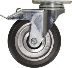 Caster Connection - 5" Diam x 1-1/4" Wide x 6-1/4" OAH Top Plate Mount Swivel Caster with Brake - Polyurethane, 450 Lb Capacity, Sealed Precision Ball Bearing, 2-3/8 x 3-5/8" Plate - Exact Tooling