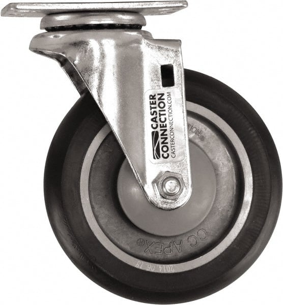 Caster Connection - 5" Diam x 1-1/4" Wide x 6-1/4" OAH Top Plate Mount Swivel Caster - Polyurethane, 450 Lb Capacity, Sealed Precision Ball Bearing, 2-3/8 x 3-5/8" Plate - Exact Tooling