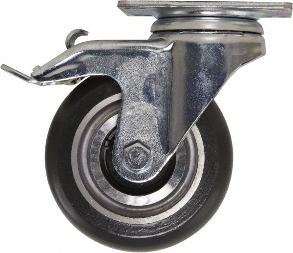 Caster Connection - 4" Diam x 1-1/4" Wide x 5-1/8" OAH Top Plate Mount Swivel Caster with Brake - Polyurethane, 400 Lb Capacity, Sealed Precision Ball Bearing, 2-3/8 x 3-5/8" Plate - Exact Tooling