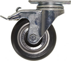 Caster Connection - 4" Diam x 1-1/4" Wide x 5-1/8" OAH Top Plate Mount Swivel Caster with Brake - Polyurethane, 400 Lb Capacity, Sealed Precision Ball Bearing, 2-3/8 x 3-5/8" Plate - Exact Tooling