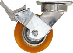 Caster Connection - 5" Diam x 2" Wide x 6-1/2" OAH Top Plate Mount Swivel Caster with Brake - Polyurethane, 750 Lb Capacity, Sealed Precision Ball Bearing, 4 x 4-1/2" Plate - Exact Tooling